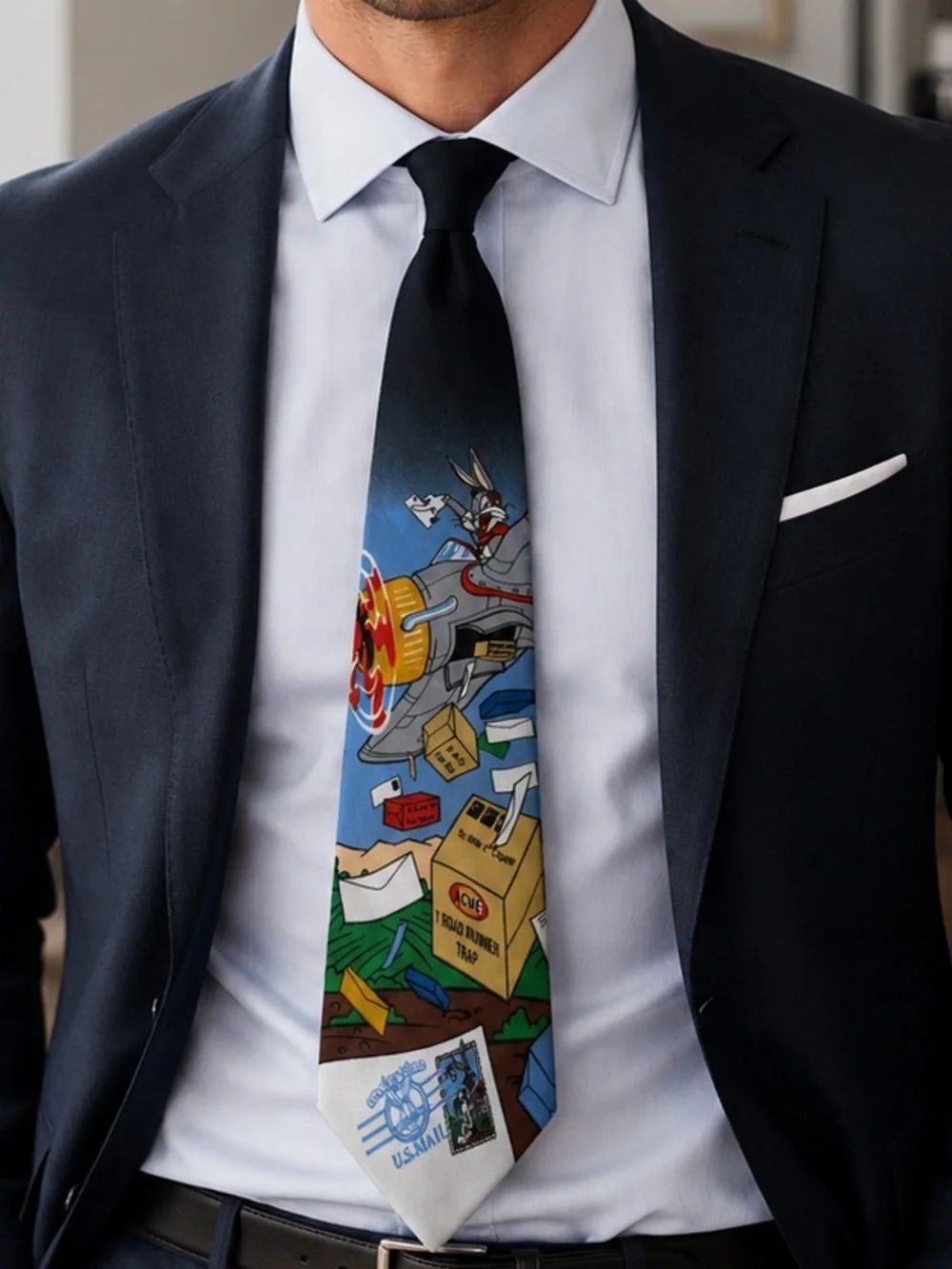 Vintage 1997 Looney Tunes Stamp Collection Bugs Bunny ACME Silk Tie USPS